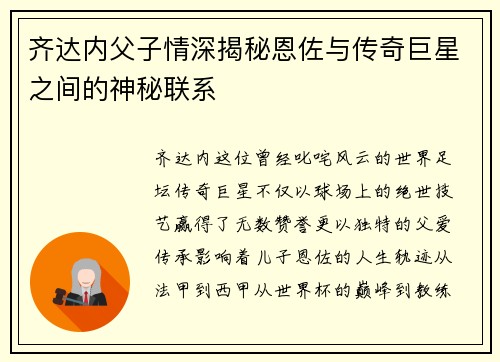 齐达内父子情深揭秘恩佐与传奇巨星之间的神秘联系