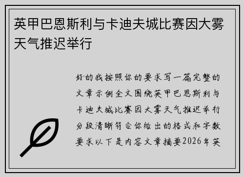 英甲巴恩斯利与卡迪夫城比赛因大雾天气推迟举行